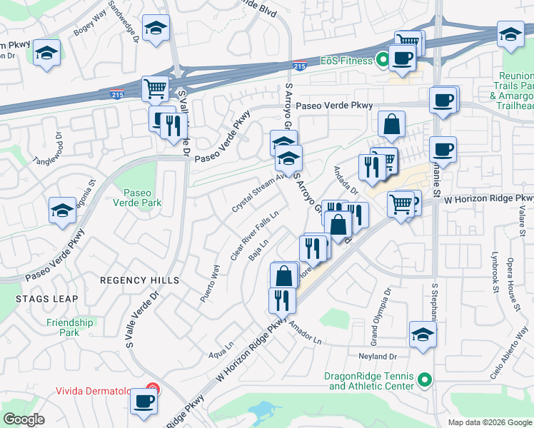 map of restaurants, bars, coffee shops, grocery stores, and more near 1762 Clear River Falls Lane in Henderson