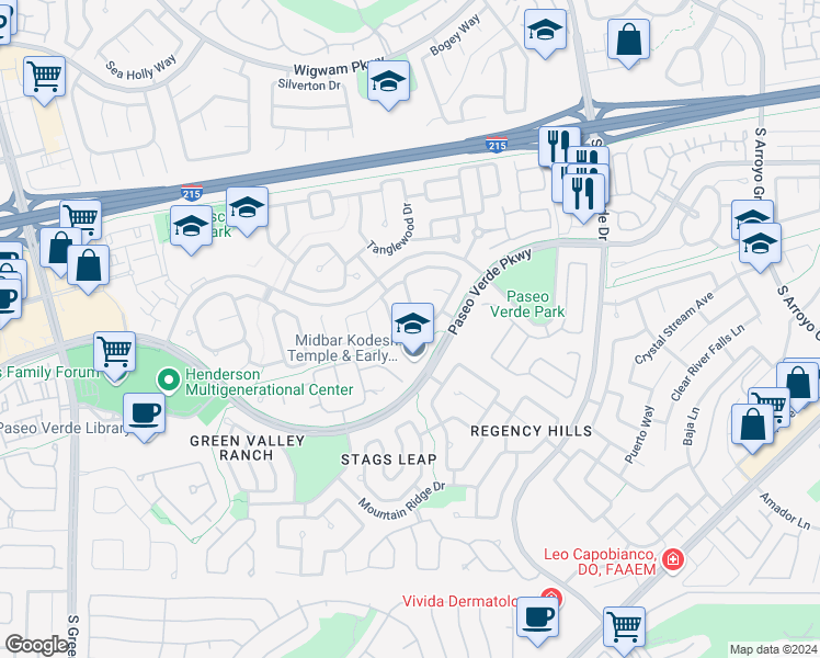 map of restaurants, bars, coffee shops, grocery stores, and more near 263 Camelback Ridge Avenue in Henderson