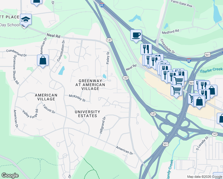 map of restaurants, bars, coffee shops, grocery stores, and more near 213 Silas Street in Durham