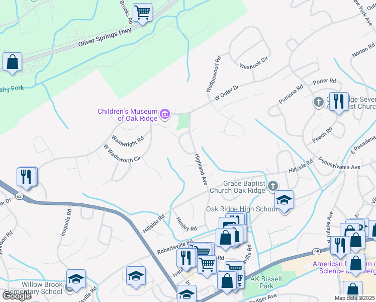 map of restaurants, bars, coffee shops, grocery stores, and more near 112 South Hollywood Circle in Oak Ridge
