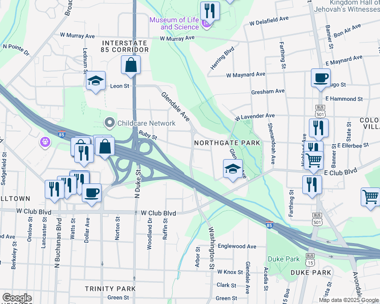 map of restaurants, bars, coffee shops, grocery stores, and more near 609 Ruby Street in Durham
