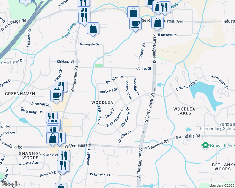 map of restaurants, bars, coffee shops, grocery stores, and more near 3202 Winchester Drive in Greensboro