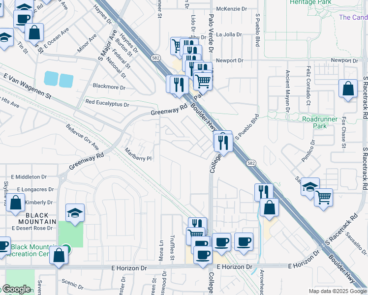 map of restaurants, bars, coffee shops, grocery stores, and more near 635 Bellus Place in Henderson