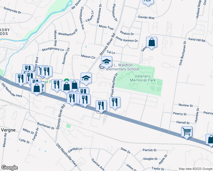 map of restaurants, bars, coffee shops, grocery stores, and more near 954 Ruch Lane in La Vergne