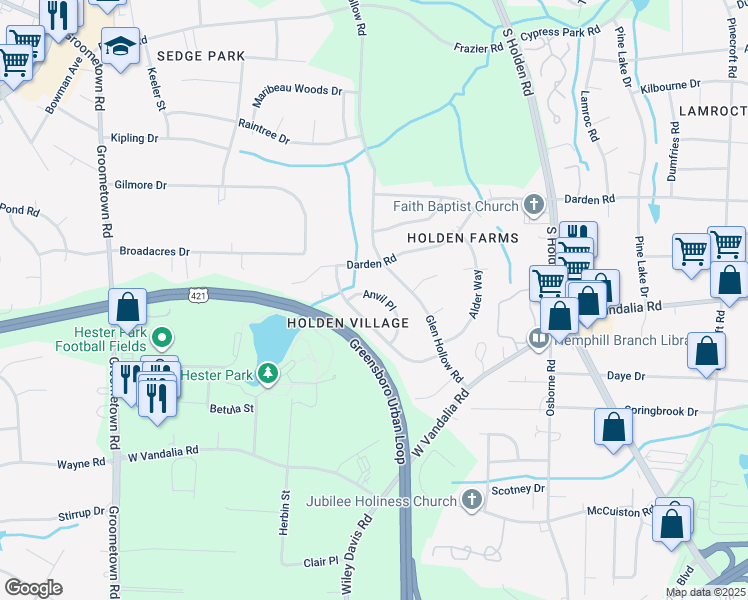 map of restaurants, bars, coffee shops, grocery stores, and more near 3212 Anvil Place in Greensboro