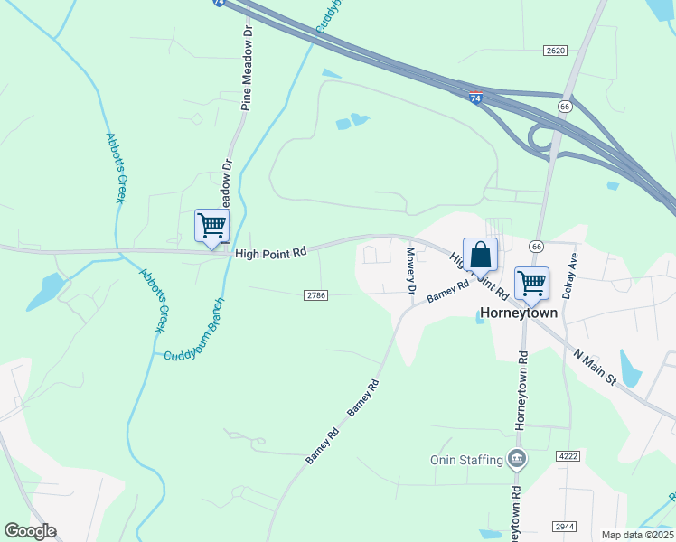 map of restaurants, bars, coffee shops, grocery stores, and more near 2625 Hillside Drive in Kernersville