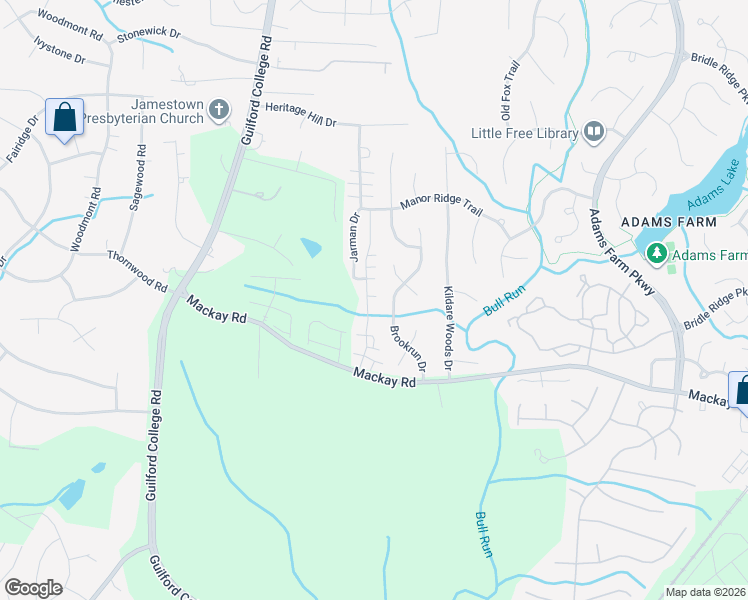 map of restaurants, bars, coffee shops, grocery stores, and more near 3034 Renaissance Parkway in Jamestown