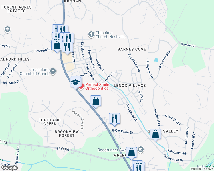 map of restaurants, bars, coffee shops, grocery stores, and more near 7065 Sunnywood Drive in Nashville
