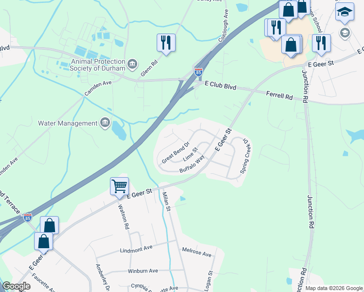 map of restaurants, bars, coffee shops, grocery stores, and more near 1619 Great Bend Drive in Durham