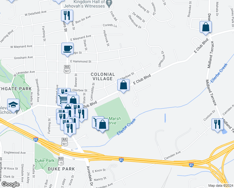map of restaurants, bars, coffee shops, grocery stores, and more near 614 East Club Boulevard in Durham