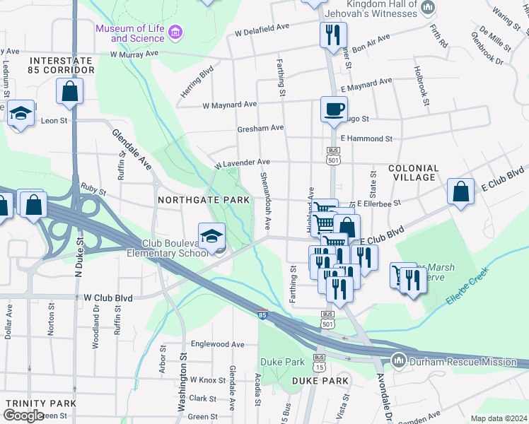map of restaurants, bars, coffee shops, grocery stores, and more near 2417 Shenandoah Avenue in Durham