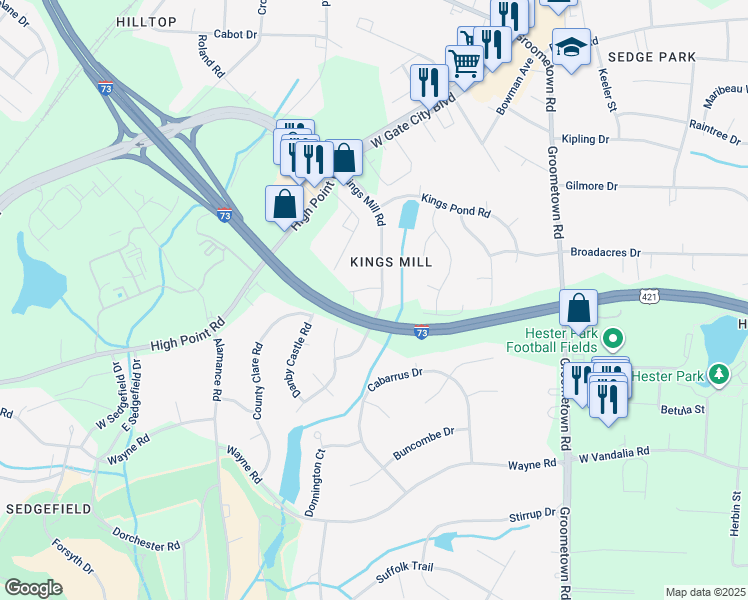 map of restaurants, bars, coffee shops, grocery stores, and more near 2802 Kings Mill Road in Greensboro