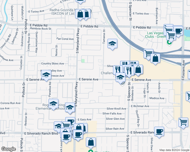 map of restaurants, bars, coffee shops, grocery stores, and more near East Serene Avenue in Las Vegas