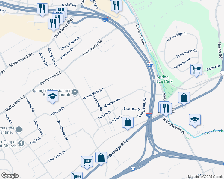 map of restaurants, bars, coffee shops, grocery stores, and more near 5028 Monte Vista Road in Knoxville