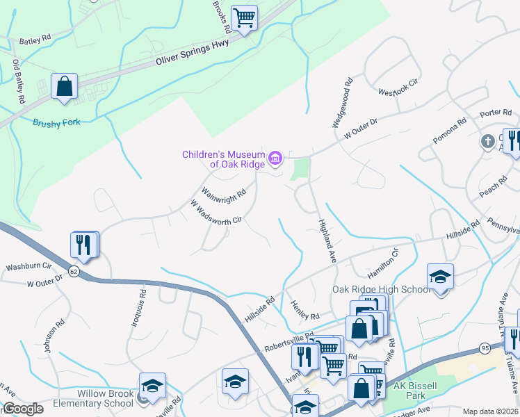 map of restaurants, bars, coffee shops, grocery stores, and more near 131 East Wadsworth Circle in Oak Ridge