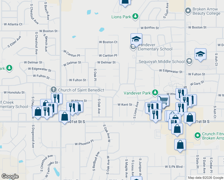 map of restaurants, bars, coffee shops, grocery stores, and more near 1505 West Gary Street in Broken Arrow