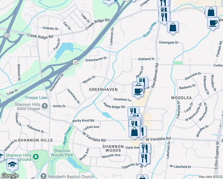 map of restaurants, bars, coffee shops, grocery stores, and more near 681 Mystic Drive in Greensboro