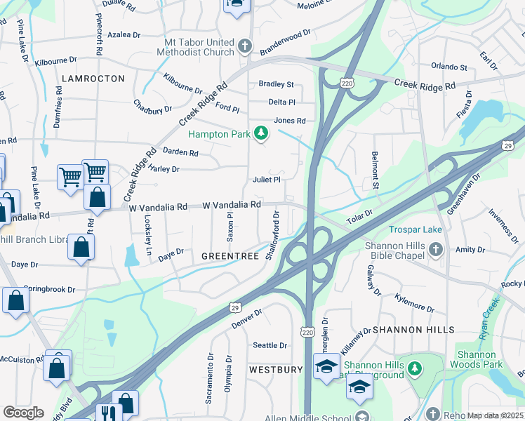 map of restaurants, bars, coffee shops, grocery stores, and more near 3001 Mornstar Place in Greensboro