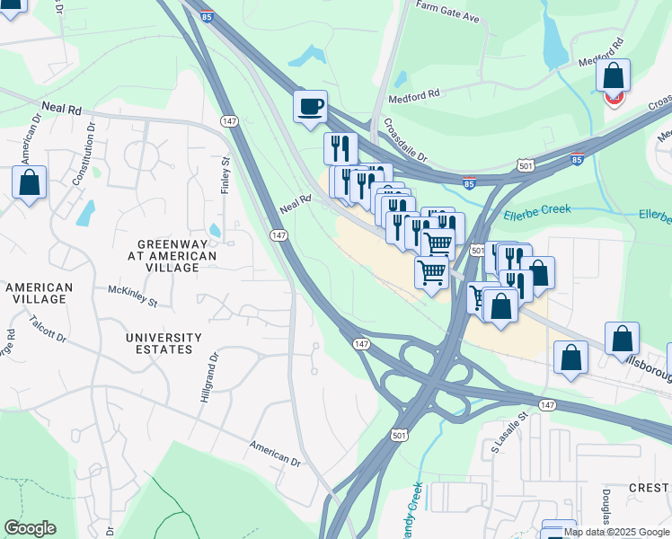 map of restaurants, bars, coffee shops, grocery stores, and more near 221 Bridgefield Place in Durham