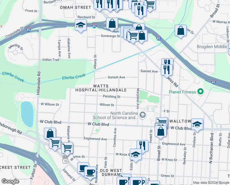 map of restaurants, bars, coffee shops, grocery stores, and more near 1505 Carolina Avenue in Durham