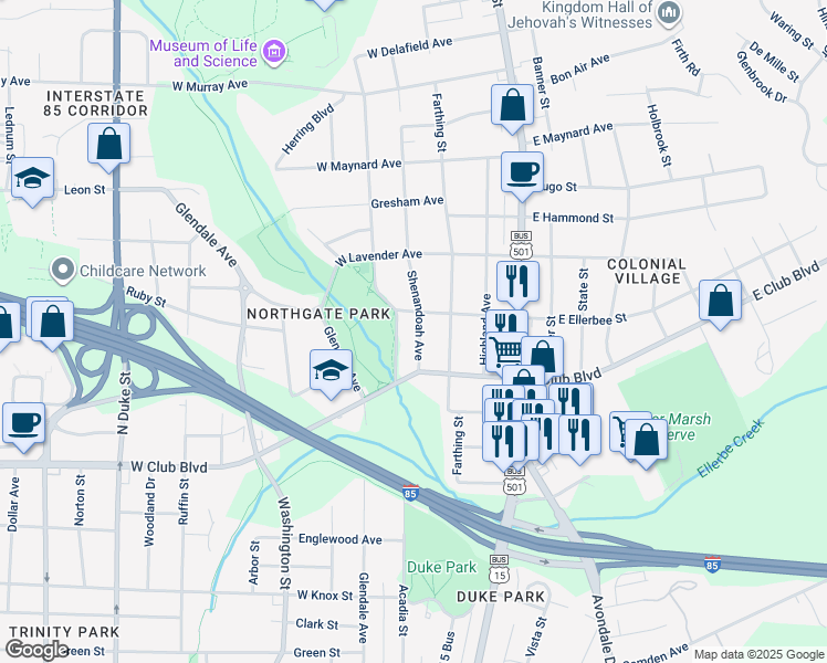 map of restaurants, bars, coffee shops, grocery stores, and more near 2417 Shenandoah Avenue in Durham