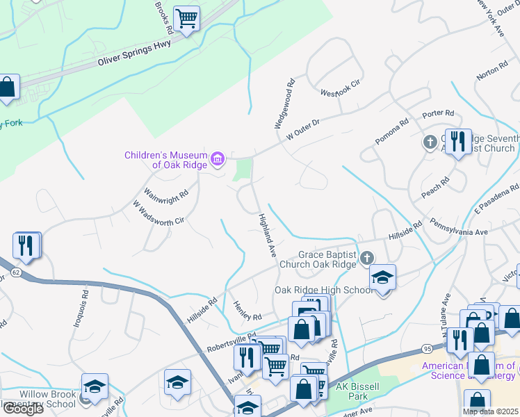 map of restaurants, bars, coffee shops, grocery stores, and more near 112 South Hollywood Circle in Oak Ridge