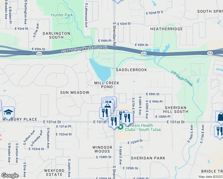map of restaurants, bars, coffee shops, grocery stores, and more near 6331 East 98th Place in Tulsa
