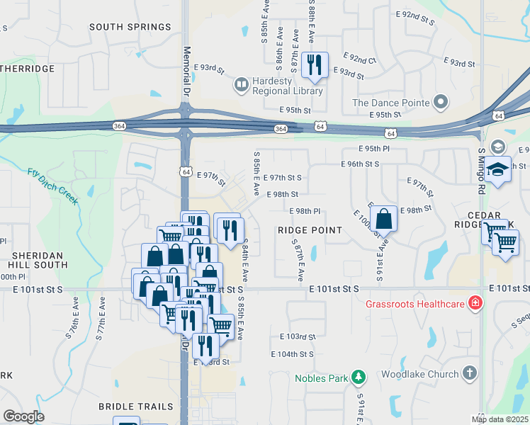 map of restaurants, bars, coffee shops, grocery stores, and more near 8606 East 98th Place South in Tulsa
