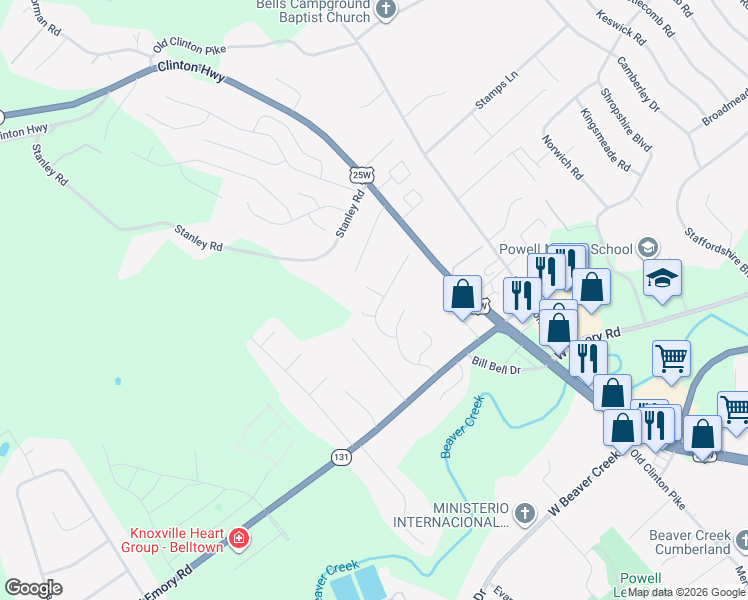 map of restaurants, bars, coffee shops, grocery stores, and more near 3901 Stonebridge Drive in Powell