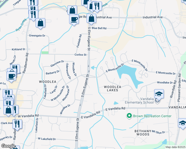 map of restaurants, bars, coffee shops, grocery stores, and more near 103 East Montcastle Drive in Greensboro