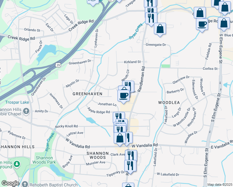 map of restaurants, bars, coffee shops, grocery stores, and more near 521 Mystic Drive in Greensboro