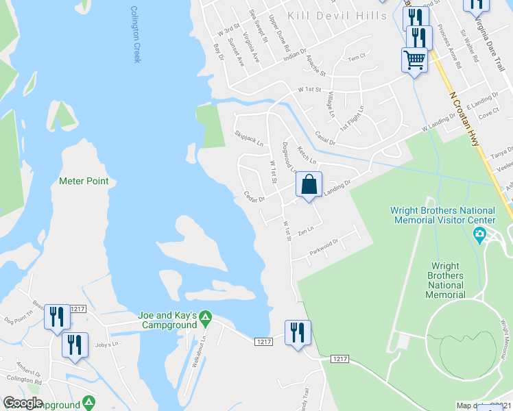 map of restaurants, bars, coffee shops, grocery stores, and more near 811 Cedar Drive in Kill Devil Hills