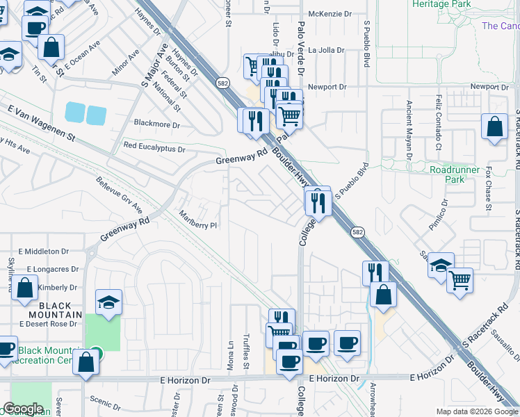map of restaurants, bars, coffee shops, grocery stores, and more near 631 Bellus Place in Henderson