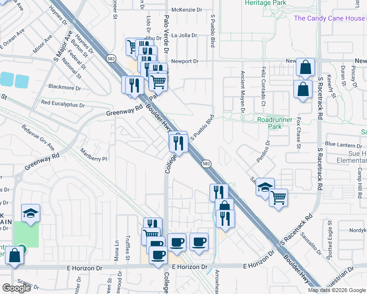 map of restaurants, bars, coffee shops, grocery stores, and more near 2 College Drive in Henderson