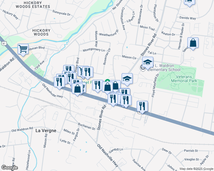 map of restaurants, bars, coffee shops, grocery stores, and more near 5185 Murfreesboro Road in La Vergne
