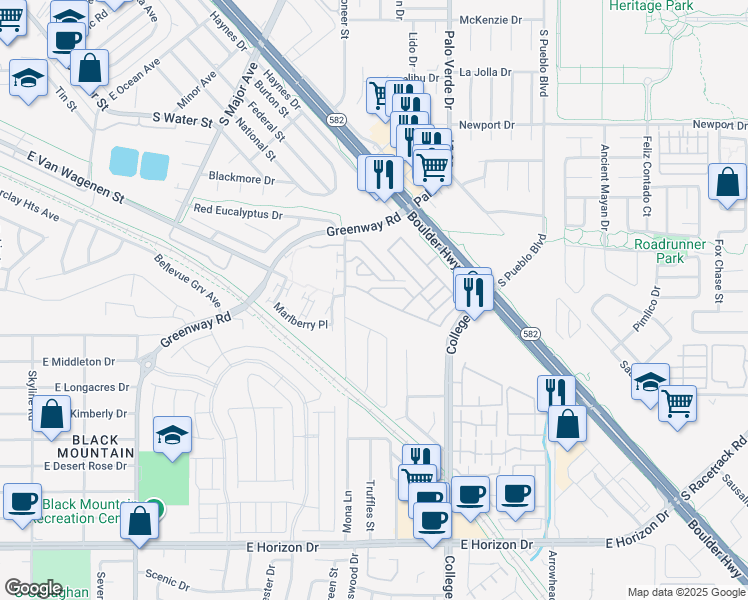 map of restaurants, bars, coffee shops, grocery stores, and more near 616 Bellus Place in Henderson