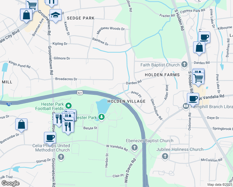 map of restaurants, bars, coffee shops, grocery stores, and more near 10 Twin Brooks Court in Greensboro