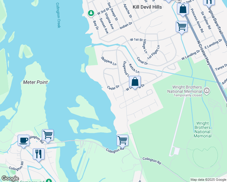map of restaurants, bars, coffee shops, grocery stores, and more near 811 Cedar Drive in Kill Devil Hills