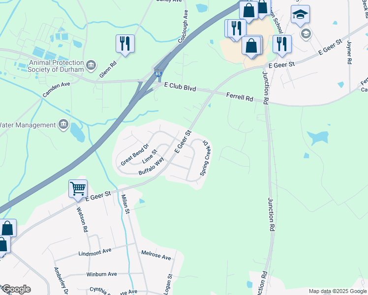 map of restaurants, bars, coffee shops, grocery stores, and more near 1904 Great Bend Drive in Durham