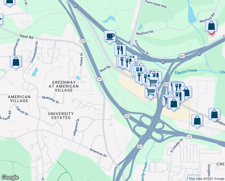 map of restaurants, bars, coffee shops, grocery stores, and more near 208 Bridgefield Place in Durham