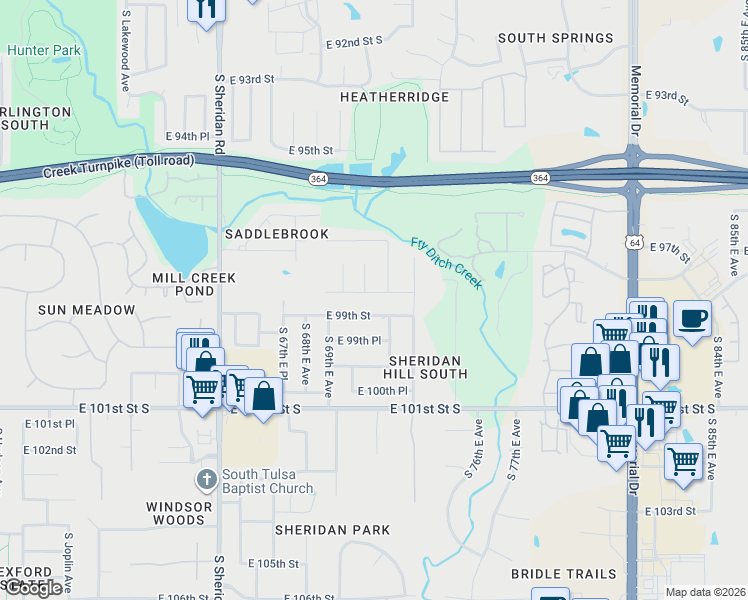 map of restaurants, bars, coffee shops, grocery stores, and more near 7004 East 98th Street in Tulsa