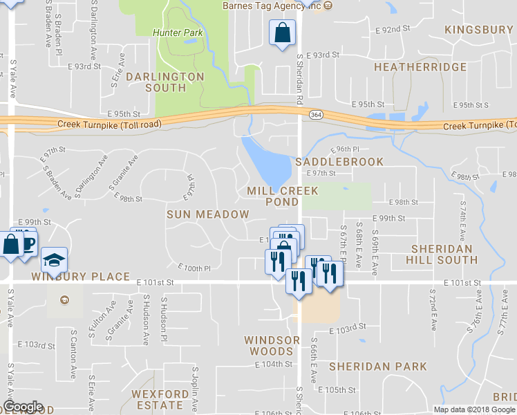 map of restaurants, bars, coffee shops, grocery stores, and more near 6226 East 98th Street in Tulsa