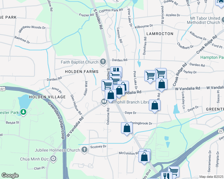 map of restaurants, bars, coffee shops, grocery stores, and more near 3219 South Holden Road in Greensboro