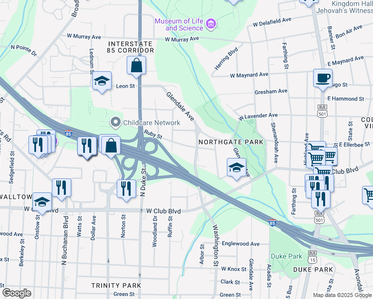 map of restaurants, bars, coffee shops, grocery stores, and more near 609 Ruby Street in Durham