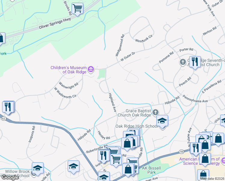 map of restaurants, bars, coffee shops, grocery stores, and more near 240 Highland Avenue in Oak Ridge