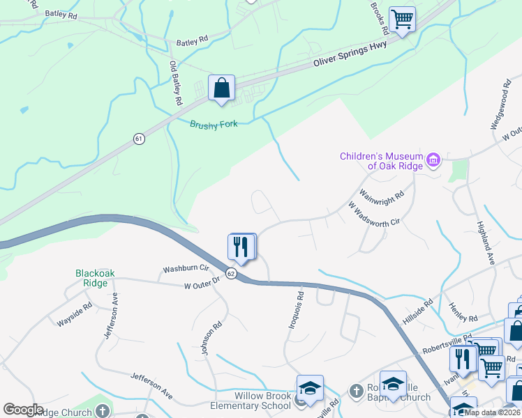 map of restaurants, bars, coffee shops, grocery stores, and more near 176 Warrior Circle in Oak Ridge