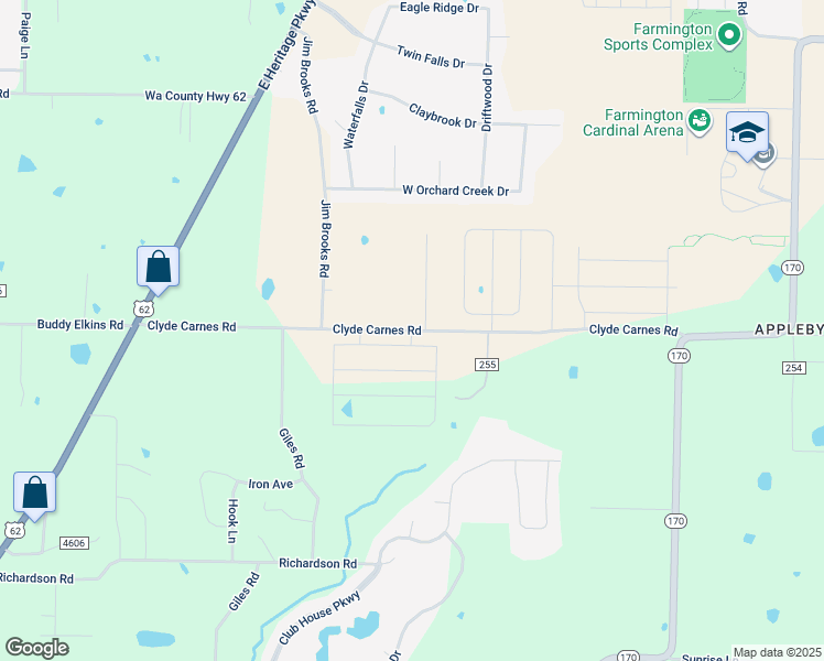 map of restaurants, bars, coffee shops, grocery stores, and more near County Road 255 in Farmington