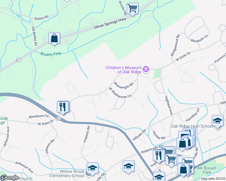 map of restaurants, bars, coffee shops, grocery stores, and more near 166 West Wadsworth Circle in Oak Ridge