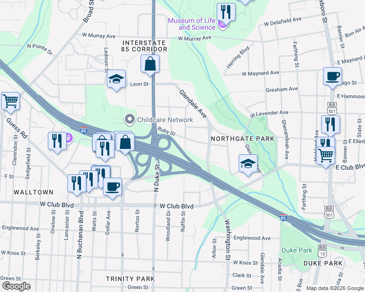 map of restaurants, bars, coffee shops, grocery stores, and more near 1907 Ruffin Street in Durham