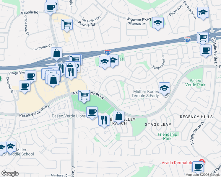 map of restaurants, bars, coffee shops, grocery stores, and more near 2049 Foxfire Court in Henderson